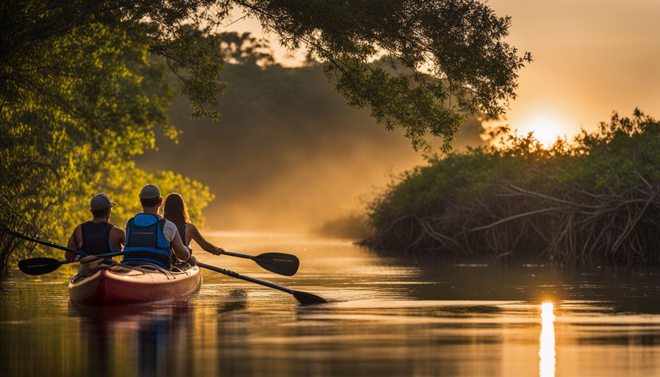 A couple kayaking through mangroves at sunset in wildlife photography.