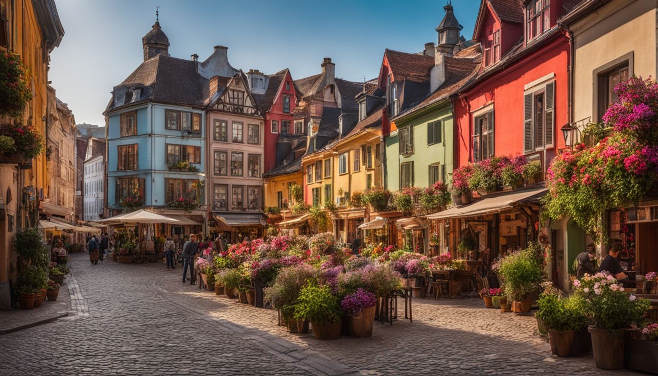 A charming cobblestone street with colorful buildings and blooming flowers.