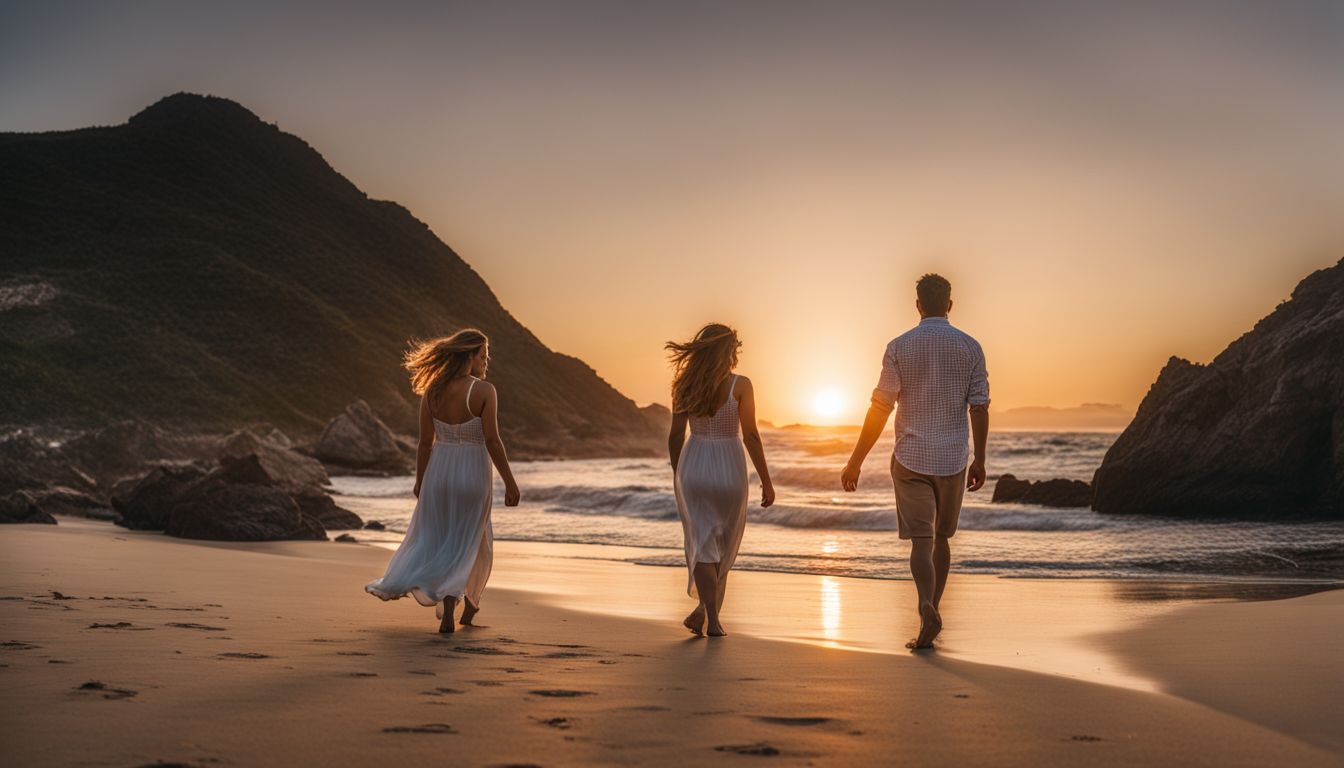 A couple holding hands while walking on a peaceful beach at sunset.