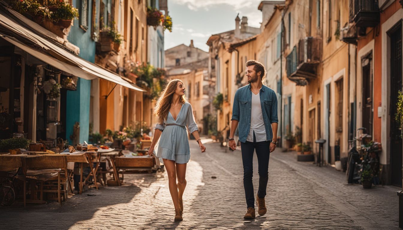 A young couple holding hands and walking through a colorful small town.
