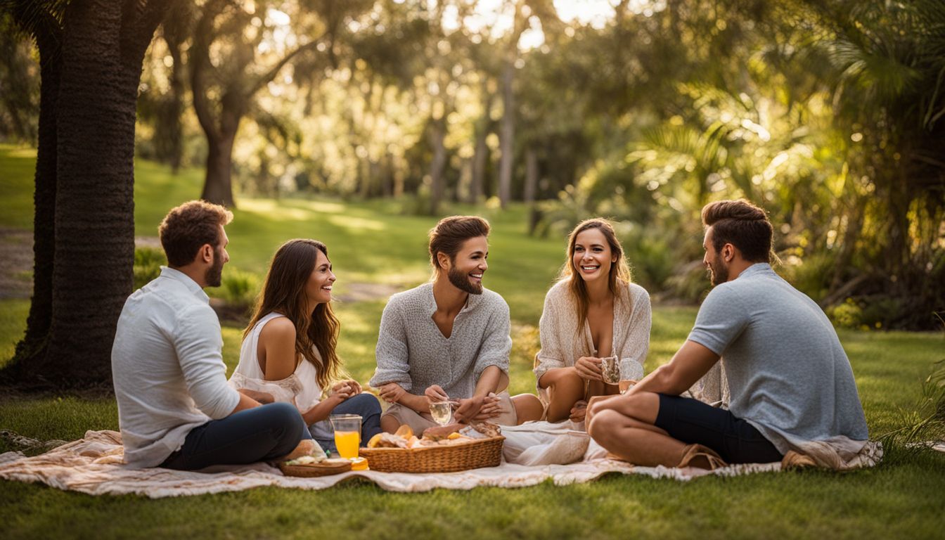 A group of friends enjoying a picnic in a lush park.