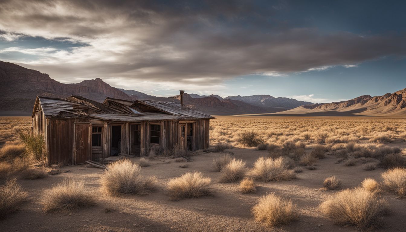 An abandoned building in a Nevada ghost town surrounded by desert landscape.