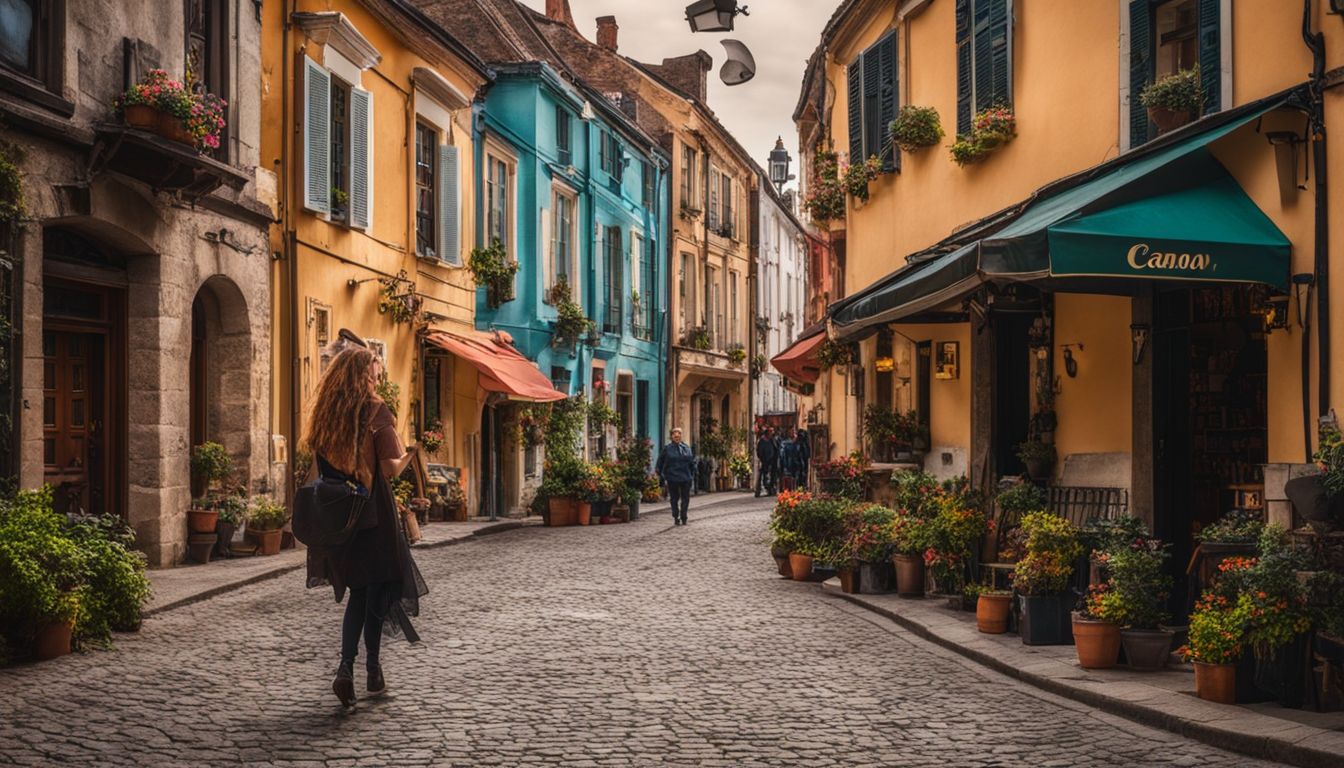 A bustling city street lined with colorful old buildings and people.