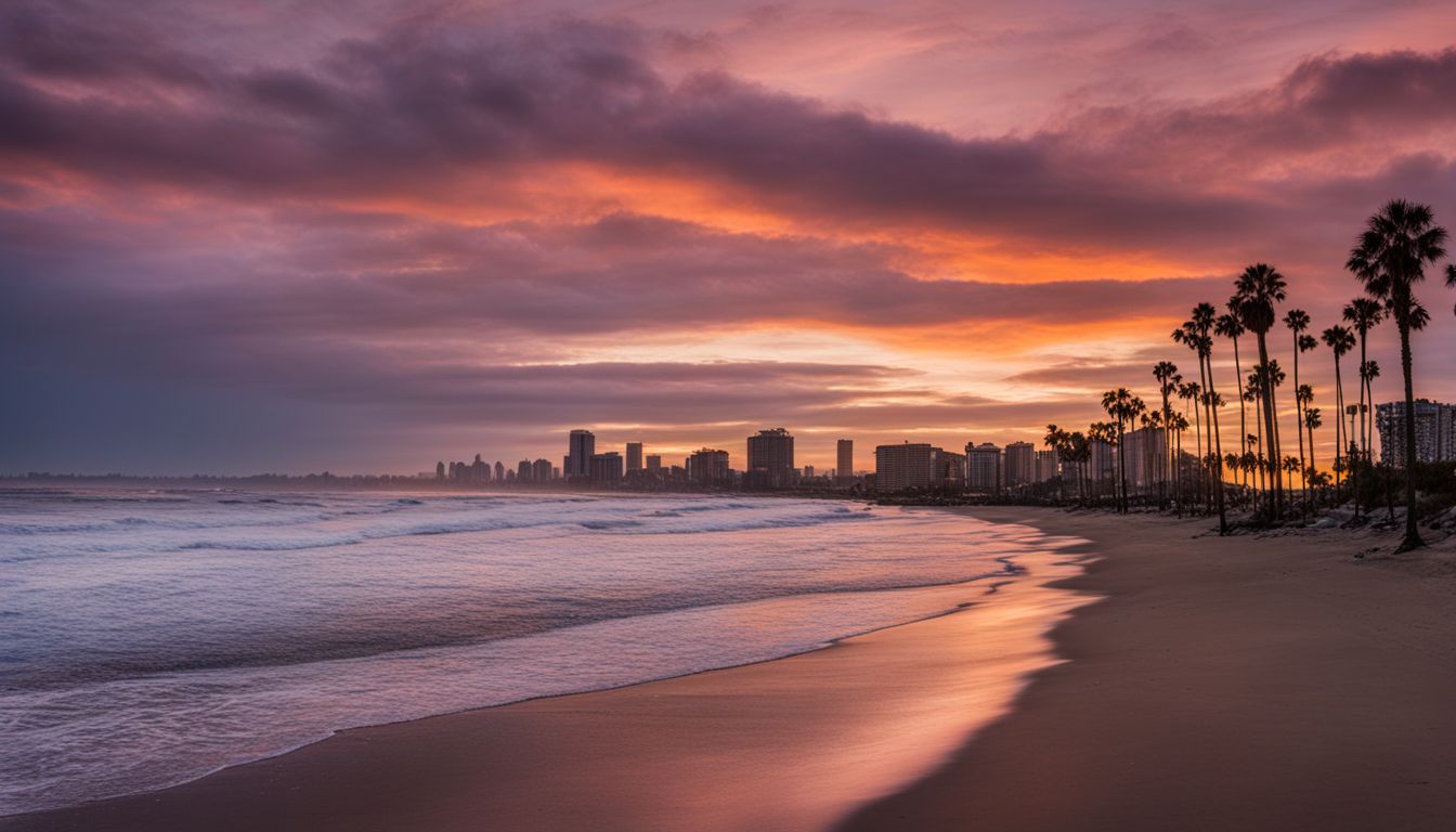 A stunning sunset over the Long Beach coastline captured with a wide-angle lens.