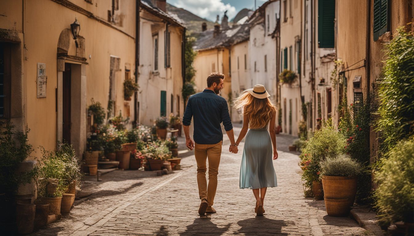 A couple strolling through a picturesque small town surrounded by nature.