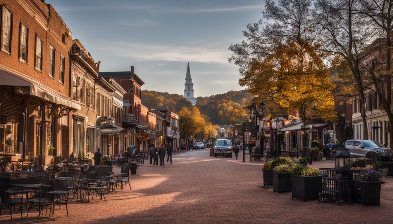 The historic Lynchburg Town Square is surrounded by charming shops and local landmarks, captured with a wide-angle lens.