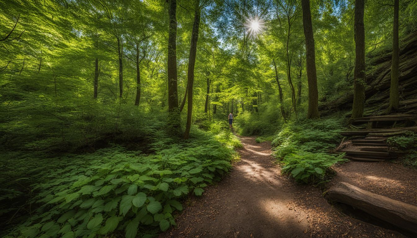 A photo of a lush hiking trail in Blue Creek Nature Center surrounded by vibrant foliage.
