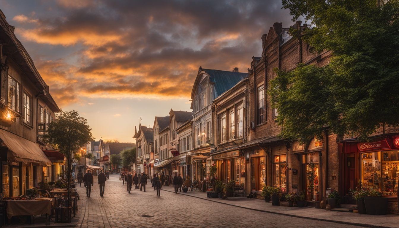 The charming Main Street of a small town with historical buildings and bustling atmosphere.
