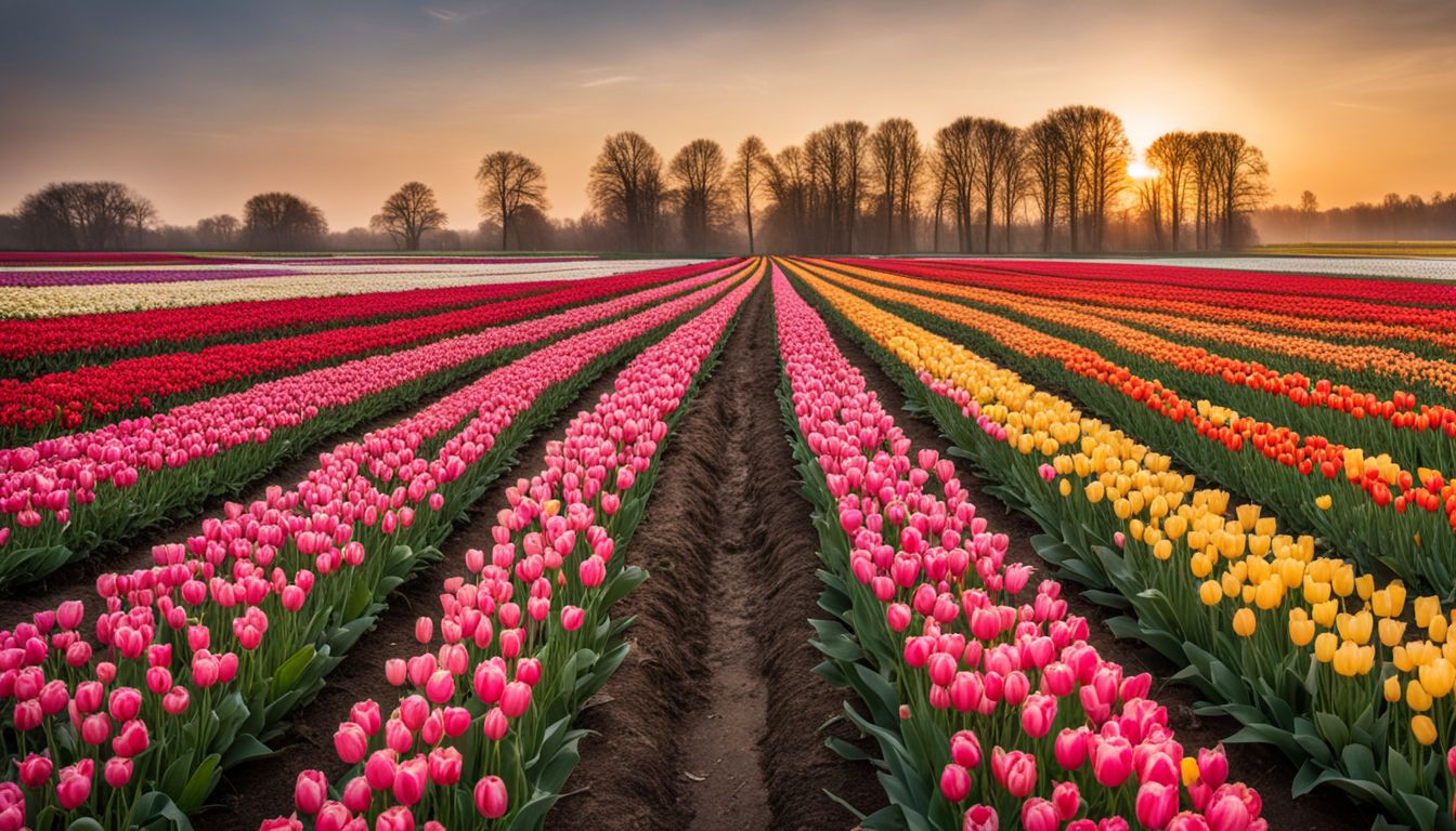 A photo of diverse people in colorful outfits in a tulip field.