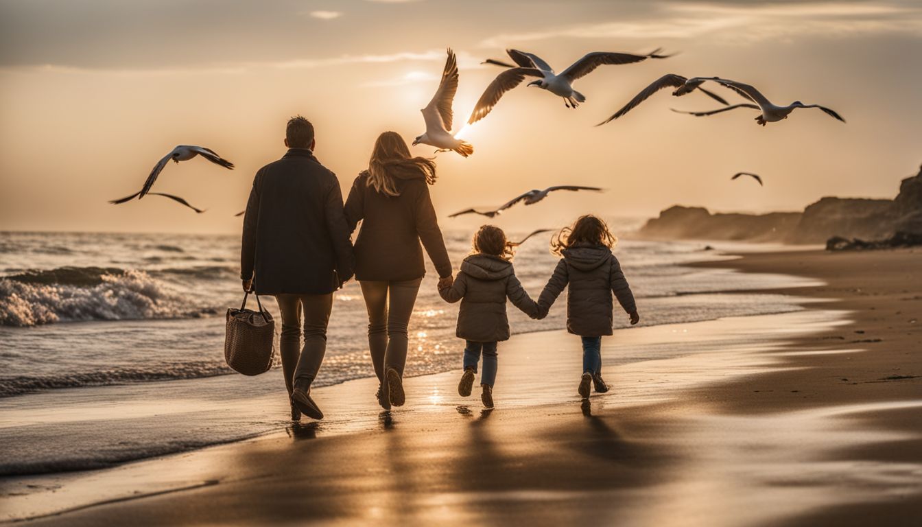 A diverse family walking on a sandy shore with seagulls.