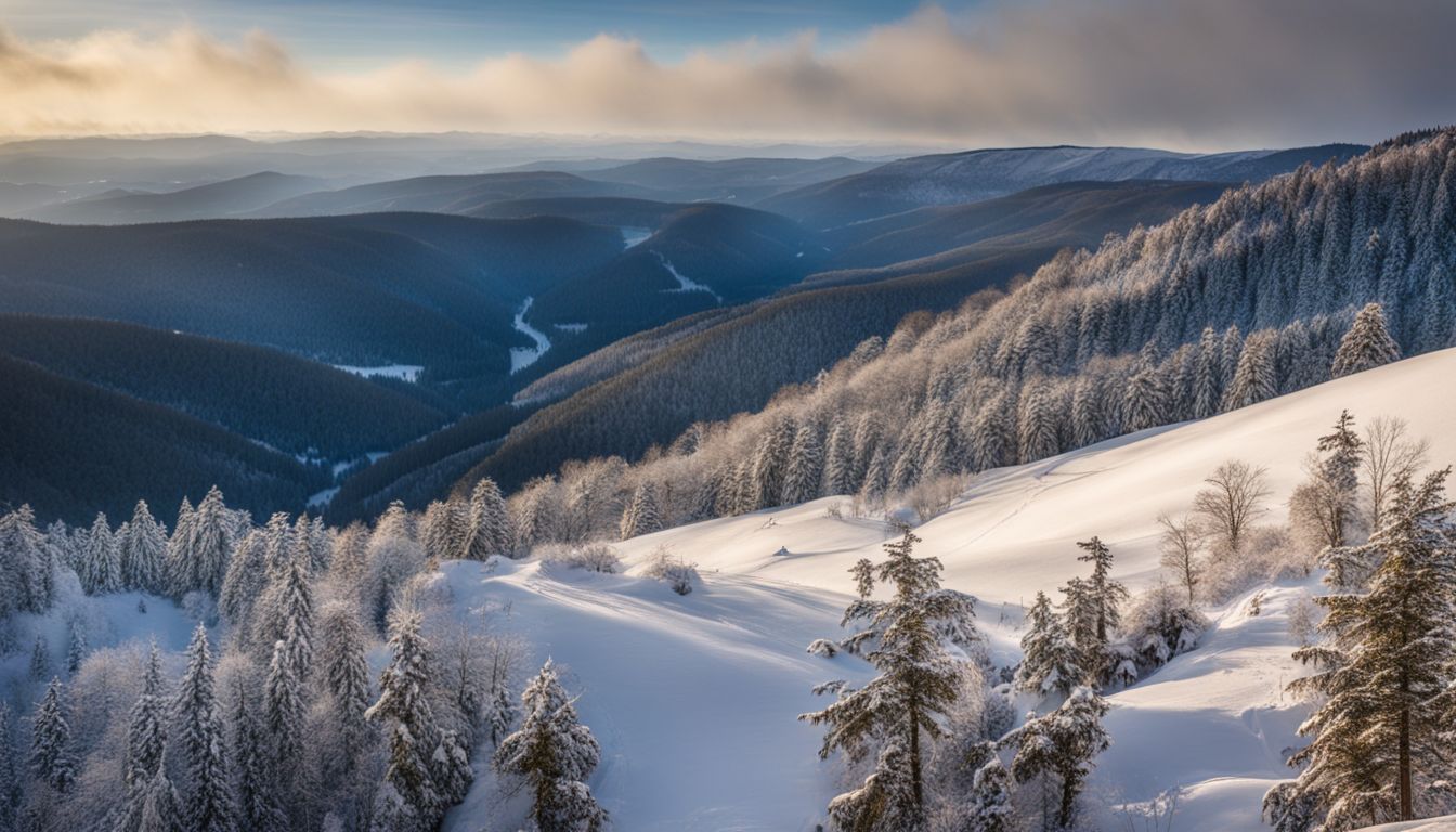A picturesque view of snow-covered slopes at Paoli Peaks with Hoosier National Forest in the background.