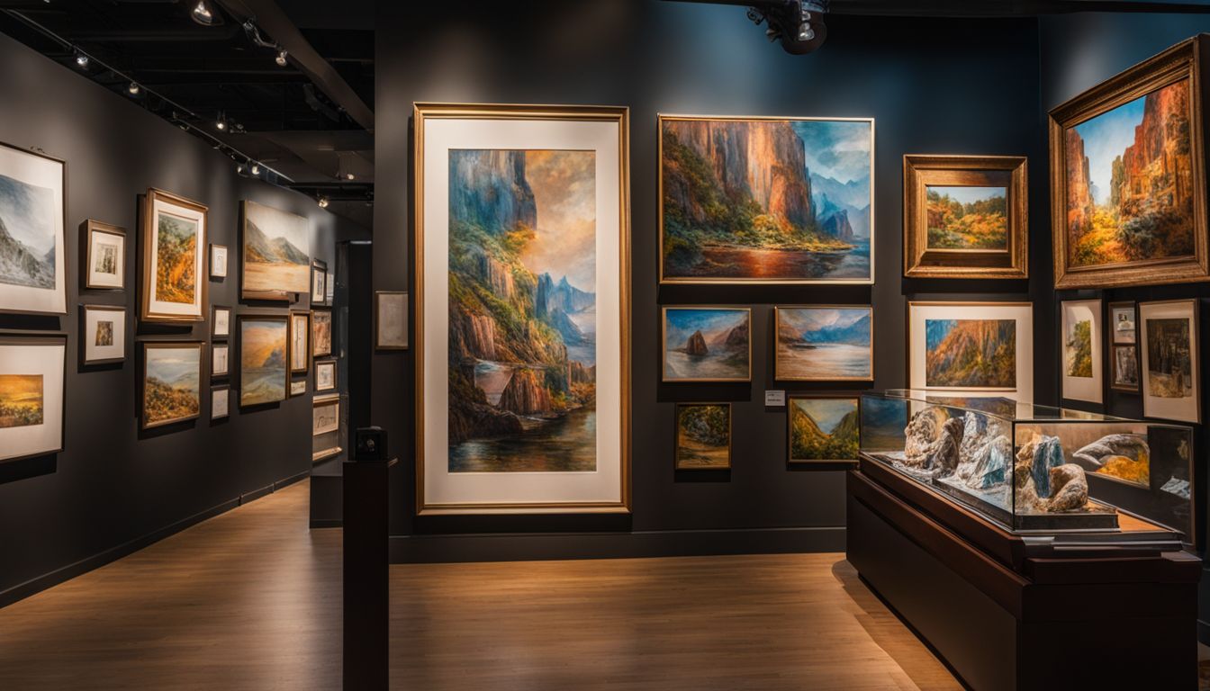 A vibrant and diverse art gallery with various paintings and sculptures on display.