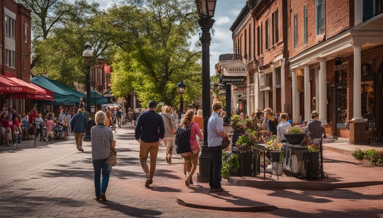 Visitors explore the historic Main Street of St Charles in bustling atmosphere.