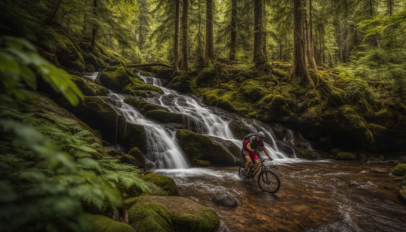 A rugged mountain biking trail through dense forests with a pristine waterfall in the background.