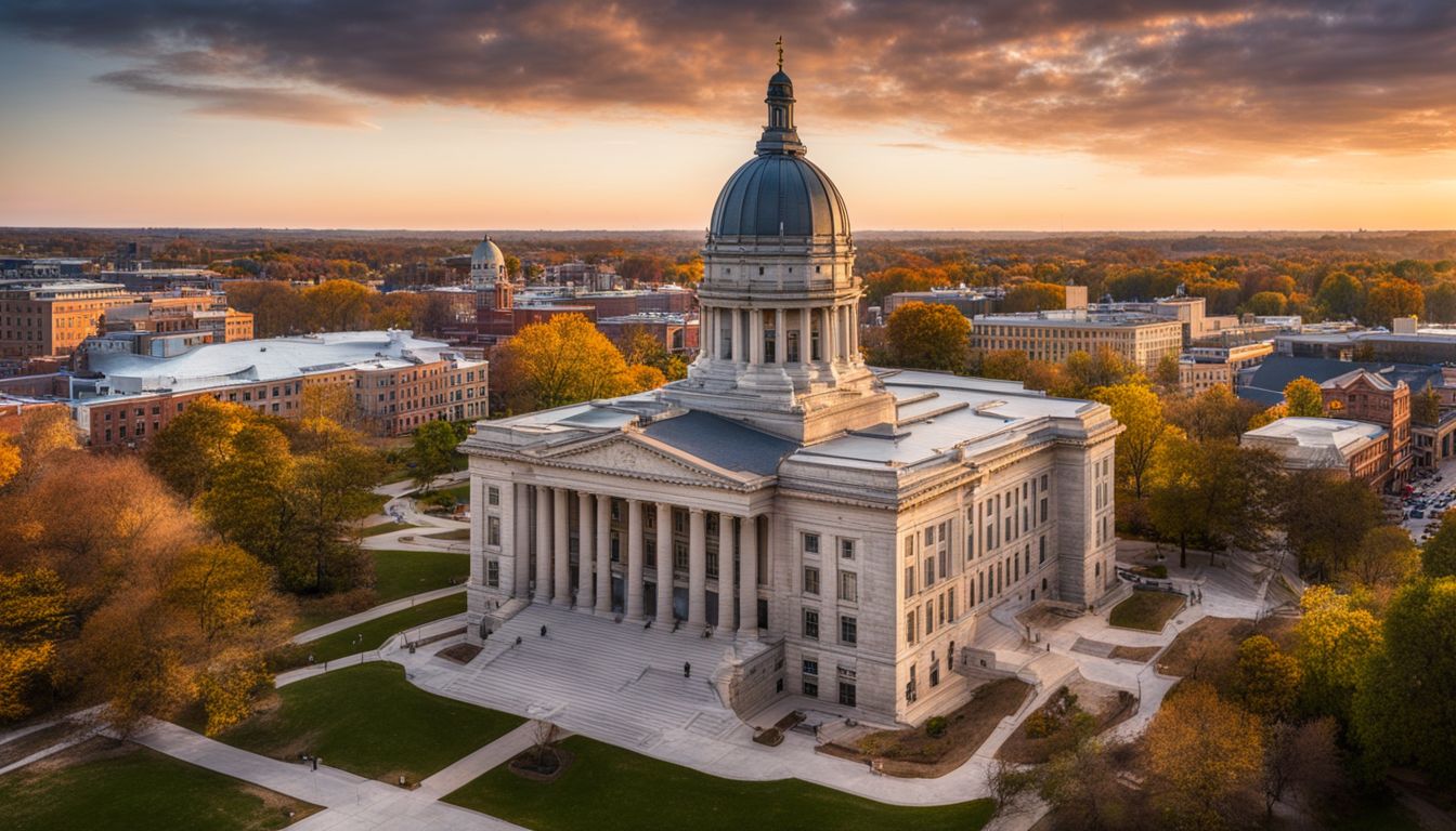 A photo showcasing the grand architecture of Indiana's First State Capitol and historic downtown buildings.