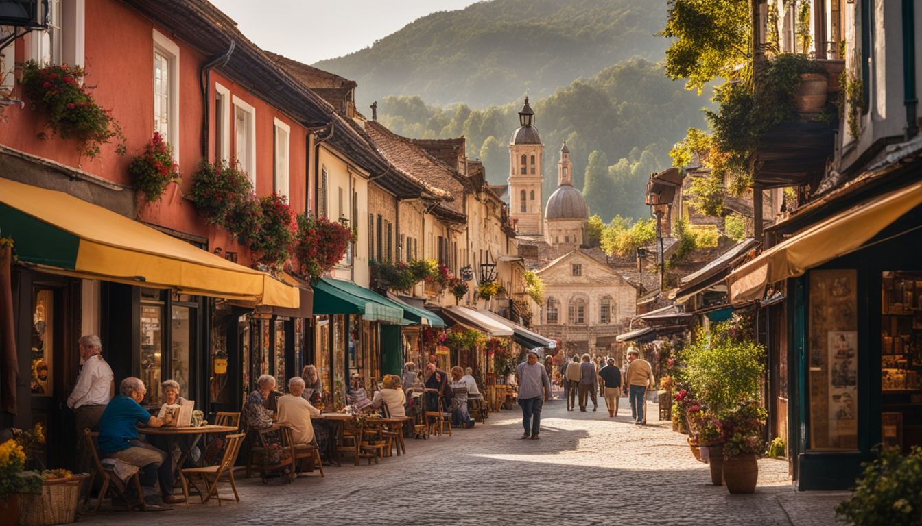 Visitors stroll through a colorful, bustling small town street.