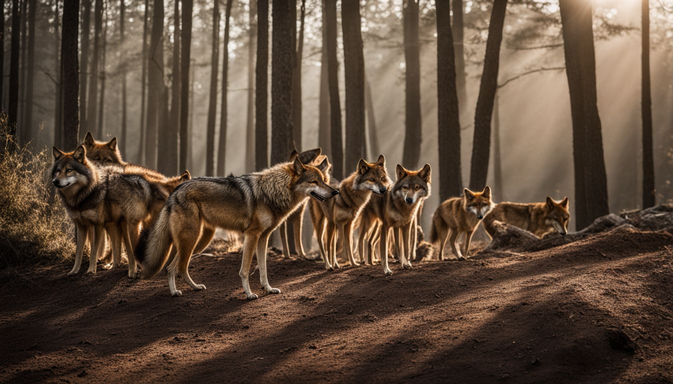 Rescued wolves and foxes wander in natural sanctuary, captured in high-quality wildlife photography.