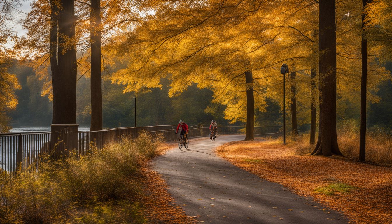 A vibrant fall foliage scene with a park and bike path, captured in crystal clear detail.