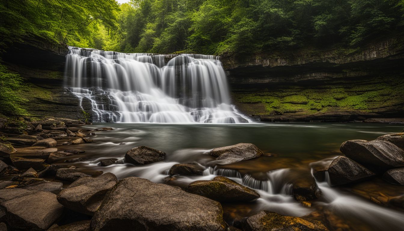 A stunning photograph capturing the beauty of Williamsport Falls surrounded by lush greenery.