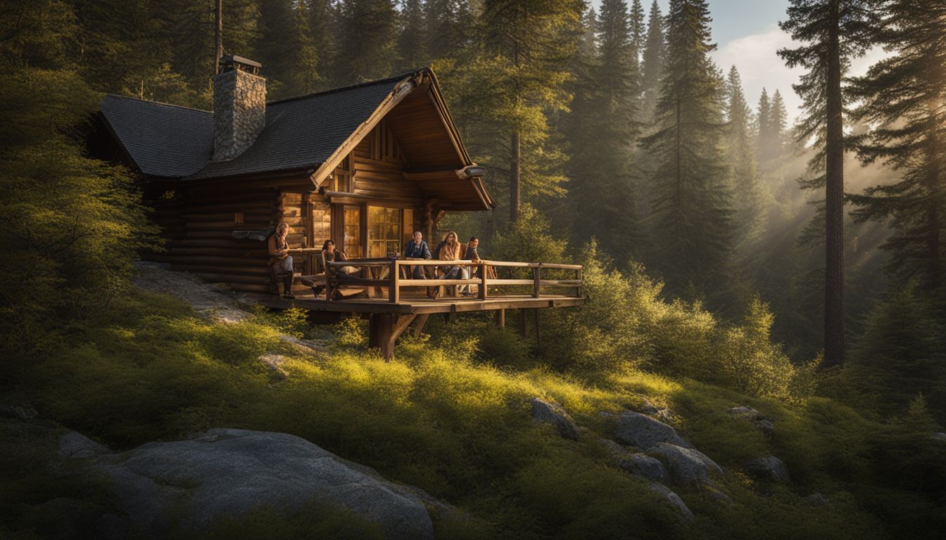 A cozy cabin nestled in a serene wooded area surrounded by nature.