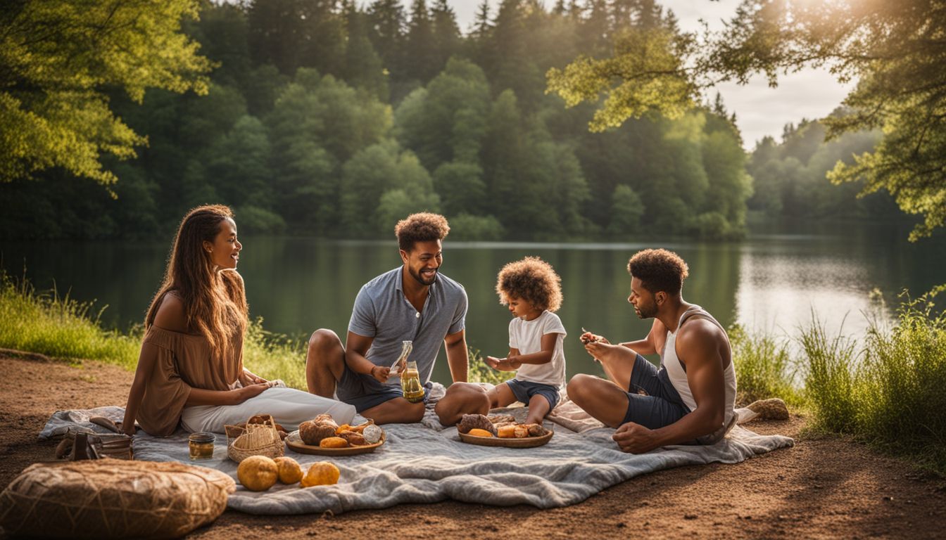 A family enjoys a picnic by the tranquil Lake James, surrounded by lush greenery.