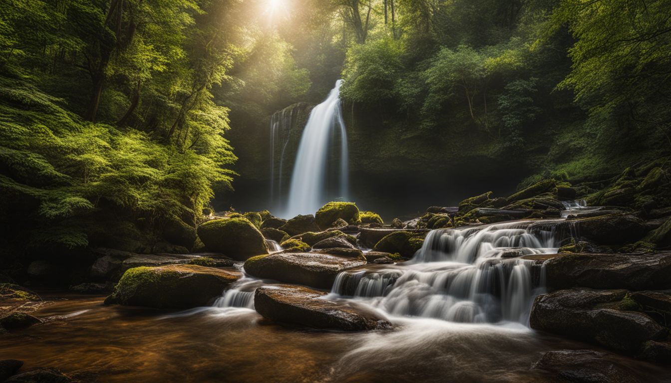 A serene forest clearing with a cascading waterfall and lush greenery, captured in stunning detail and clarity.