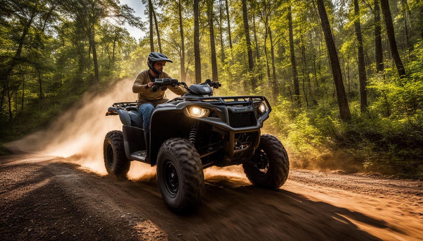 Four-wheelers explore scenic trails in Eufaula with bustling atmosphere and cinematic landscape photography.