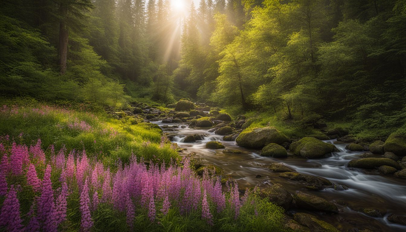 A stunning photo of vibrant wildflowers and flowing streams in a lush forest, showcasing the bustling atmosphere of nature.