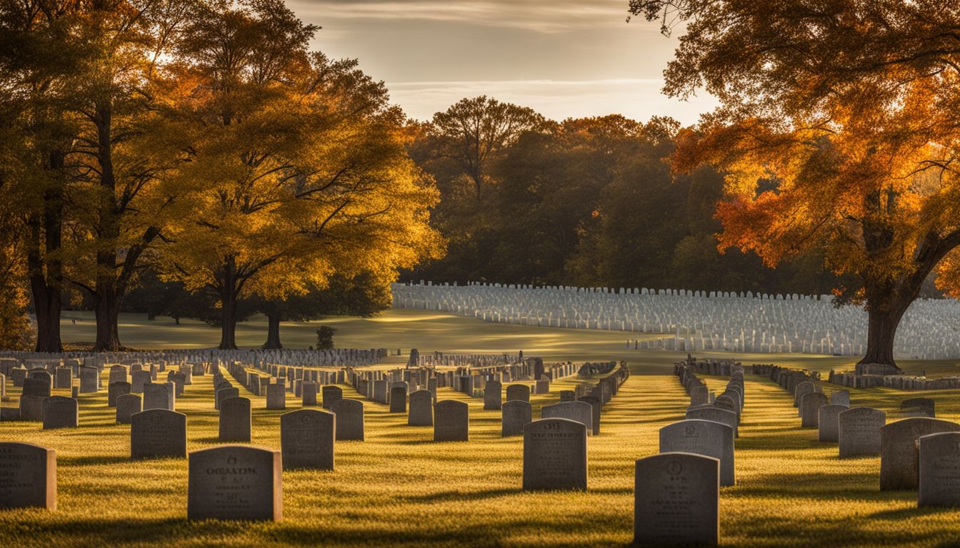 Things To Do in Fort Gibson Oklahoma - A serene autumn scene at Fort Gibson National Cemetery and Historic Site with old tombstones surrounded by colorful foliage.