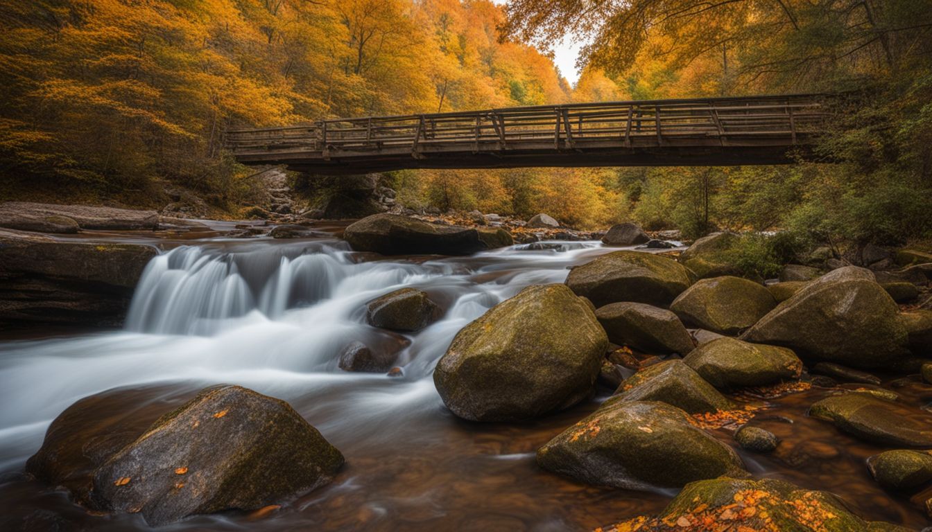 A picturesque wooden bridge in a vibrant autumn forest over a rushing river.