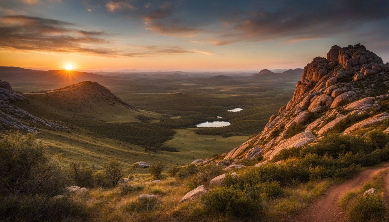 A scenic landscape with a winding trail through Wichita Mountains captured in high resolution.