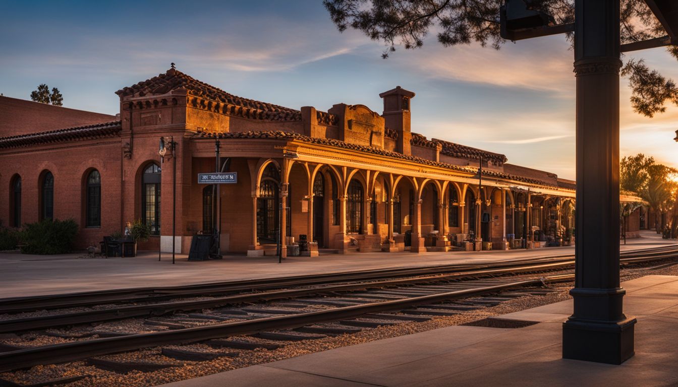 Things To Do In Pauls Valley Oklahoma - A photo of the historical Santa Fe Depot in the glow of sunset with a bustling atmosphere.