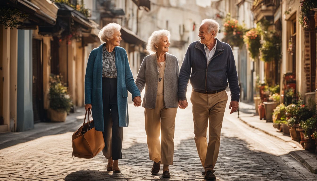 'Elderly couple strolling through a charming small town street.'