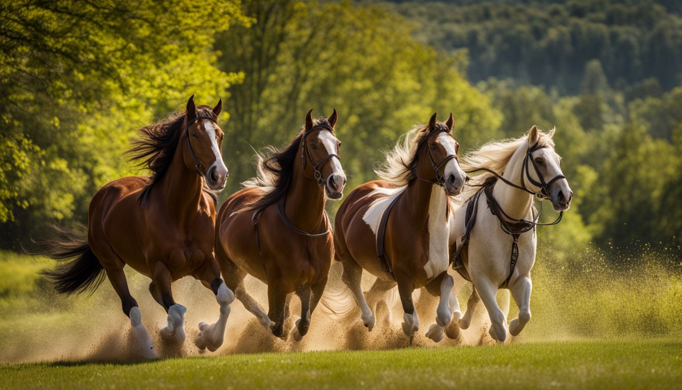 Express Clydesdales gracefully galloping through a scenic meadow in a bustling atmosphere.