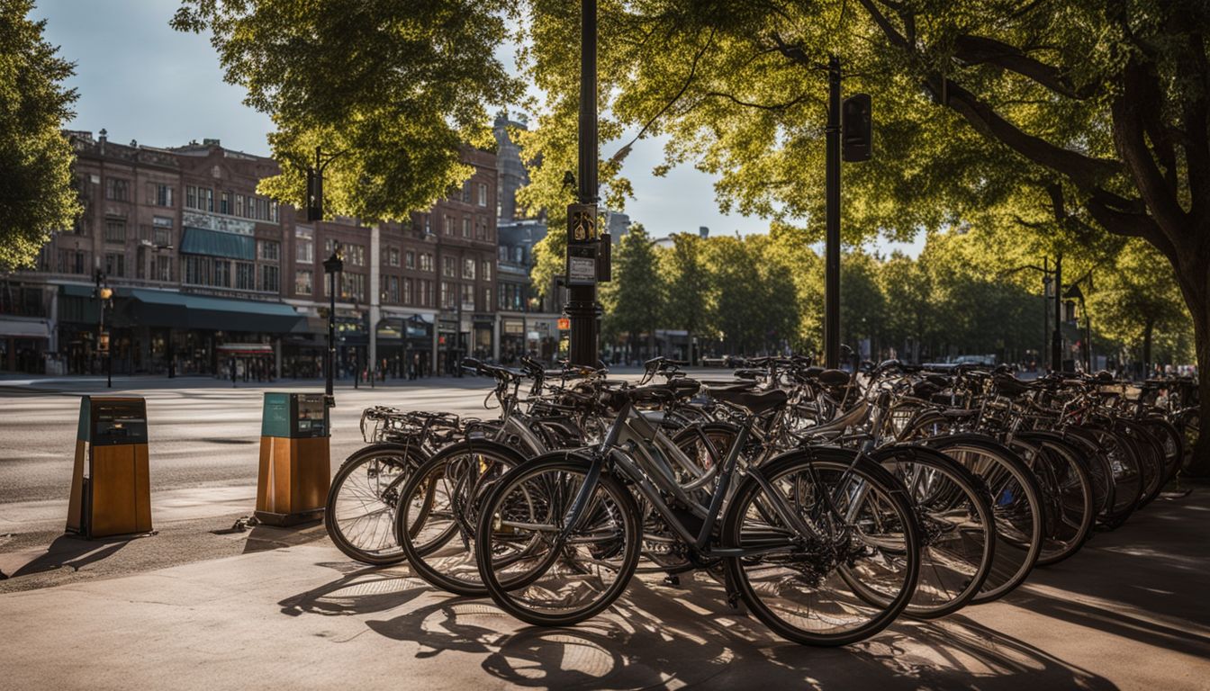 Bicycles parked in front of a scenic city bus stop with a bustling atmosphere.