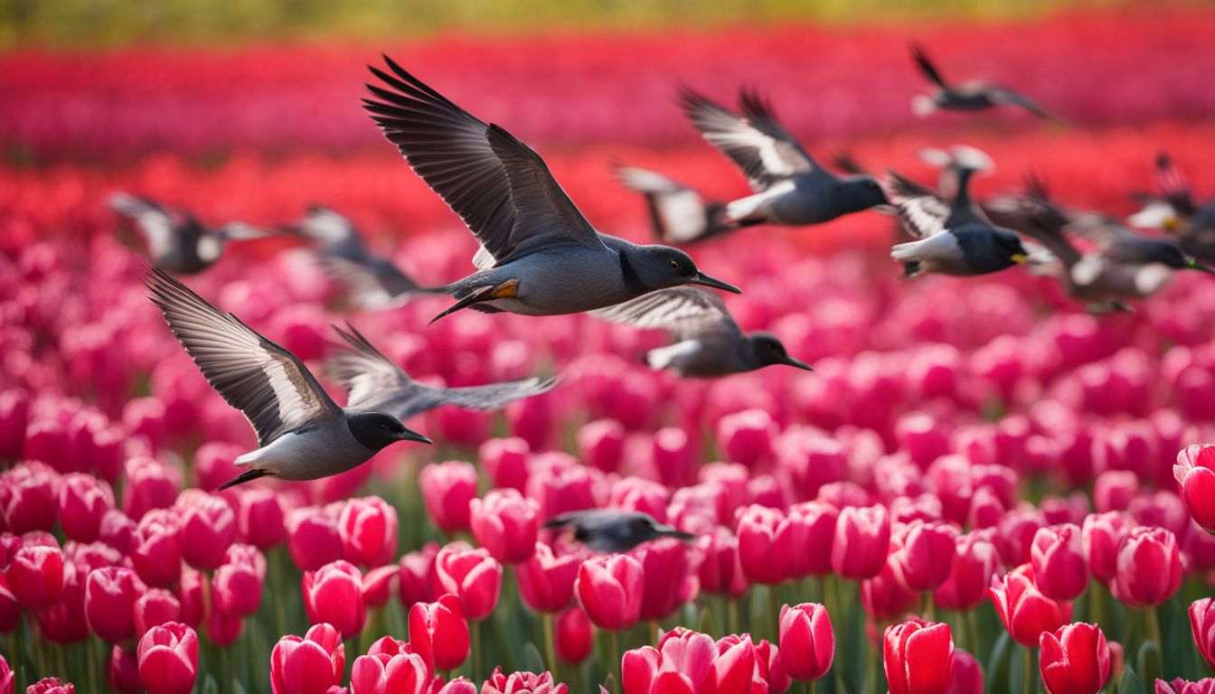 Things To Do In La Conner Washington - A flock of migratory birds flying over vibrant tulip fields in a bustling atmosphere.