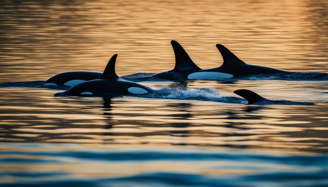 A pod of orcas swimming in the deep blue waters of Coupeville, captured in high-resolution and vibrant detail.