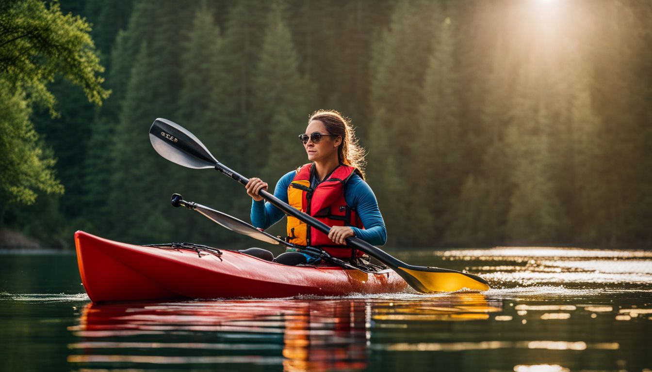 A kayak glides through serene waters surrounded by lush greenery in Gig Harbor.