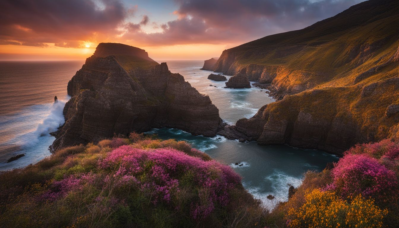 A stunning, vibrant sunset over a rugged coastal landscape captured with high-quality photography equipment.