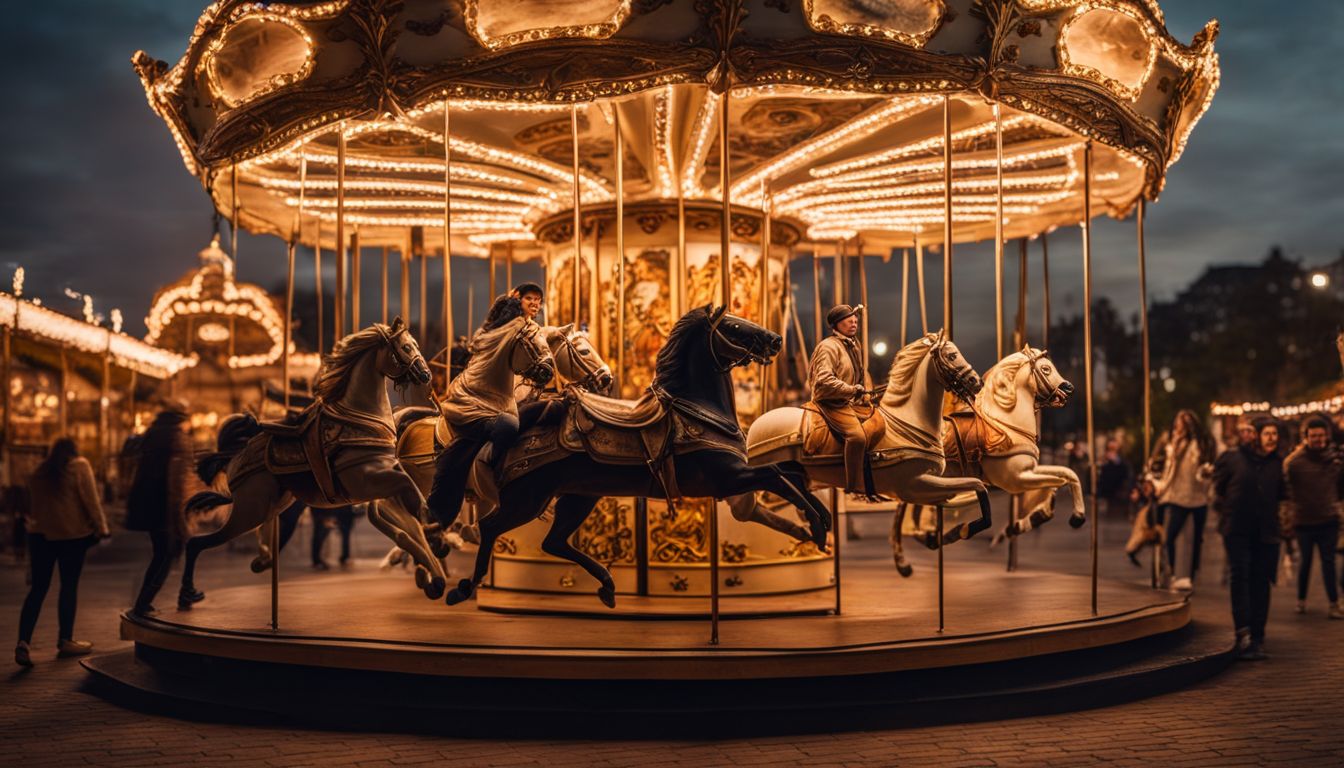A vintage carousel in motion at sunset with a bustling cityscape backdrop and joyful children.