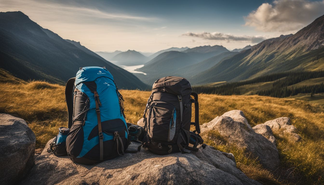 A backpack and hiking gear set up in front of a beautiful mountain vista.