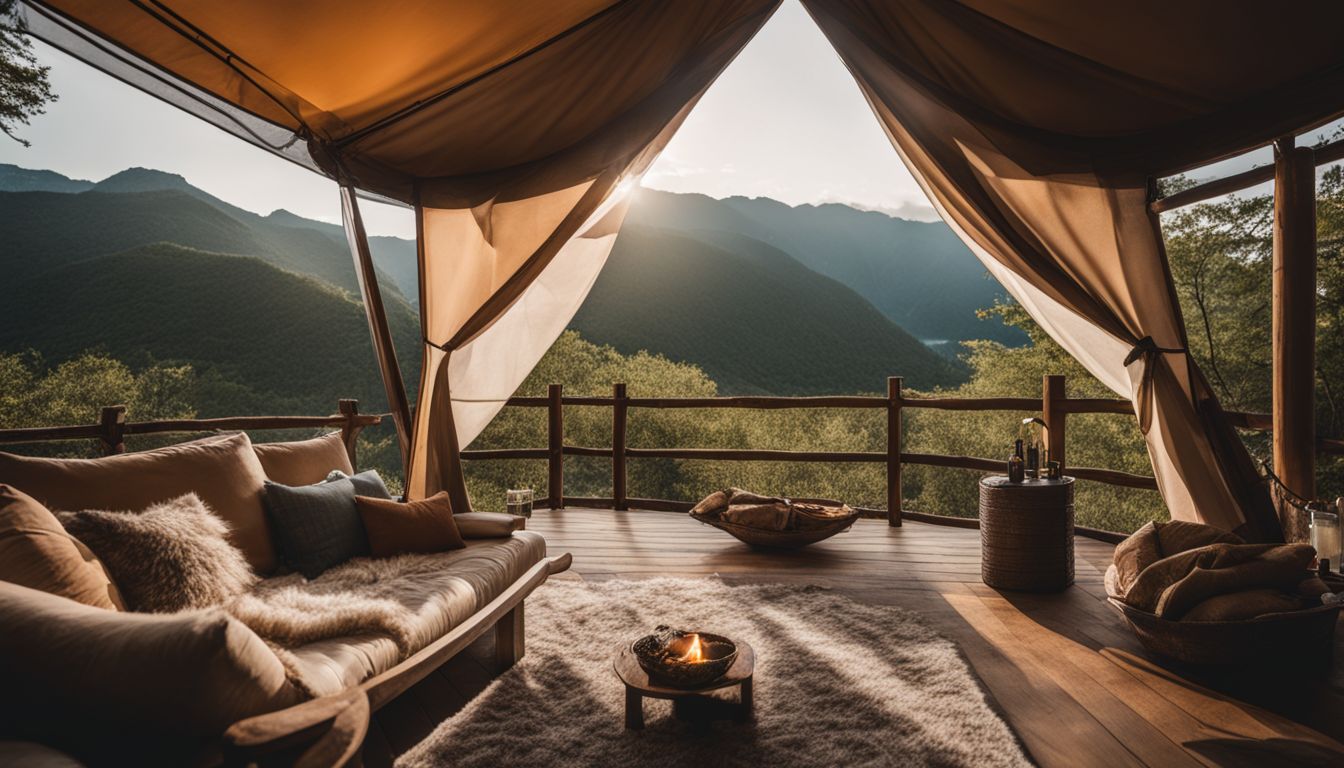 A luxurious outdoor tent with hot spring views and a bustling atmosphere in nature.