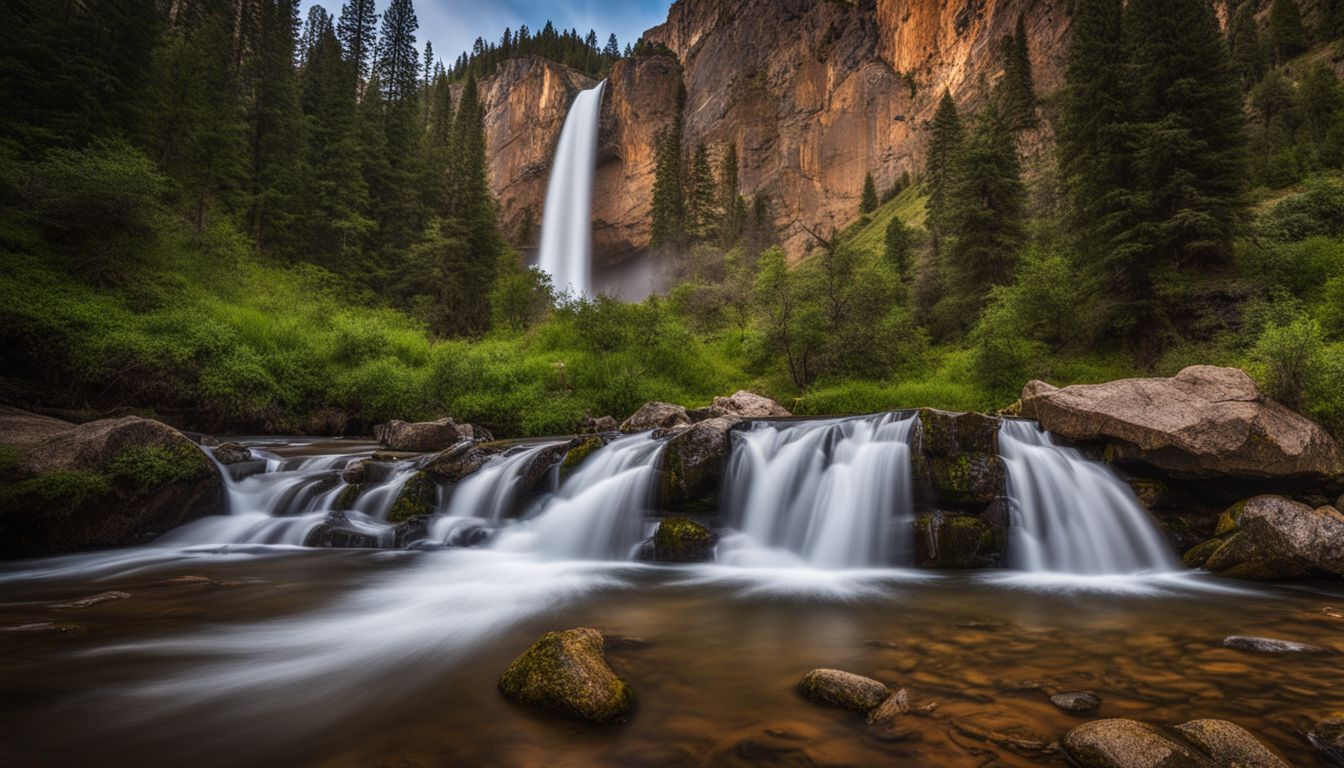 Things To Do In Creede CO - The stunning North Clear Creek Falls surrounded by lush greenery in a bustling atmosphere, captured in crystal clear detail.