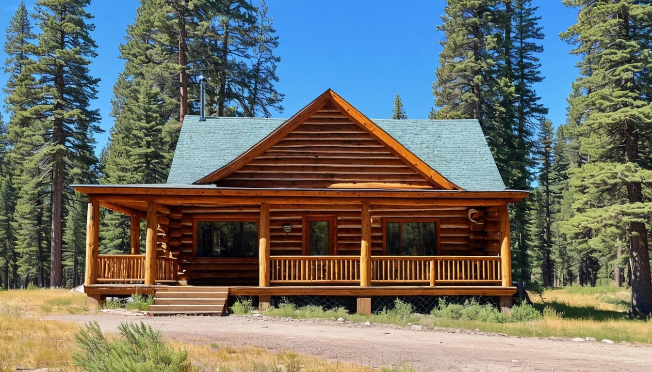 Things To Do In Cody WY - A rustic log cabin in Cody, WY, surrounded by pine trees and a clear blue sky.