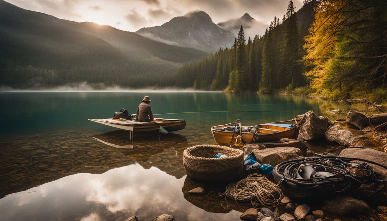 A serene lakeside scene with fishing gear and a mountain backdrop.