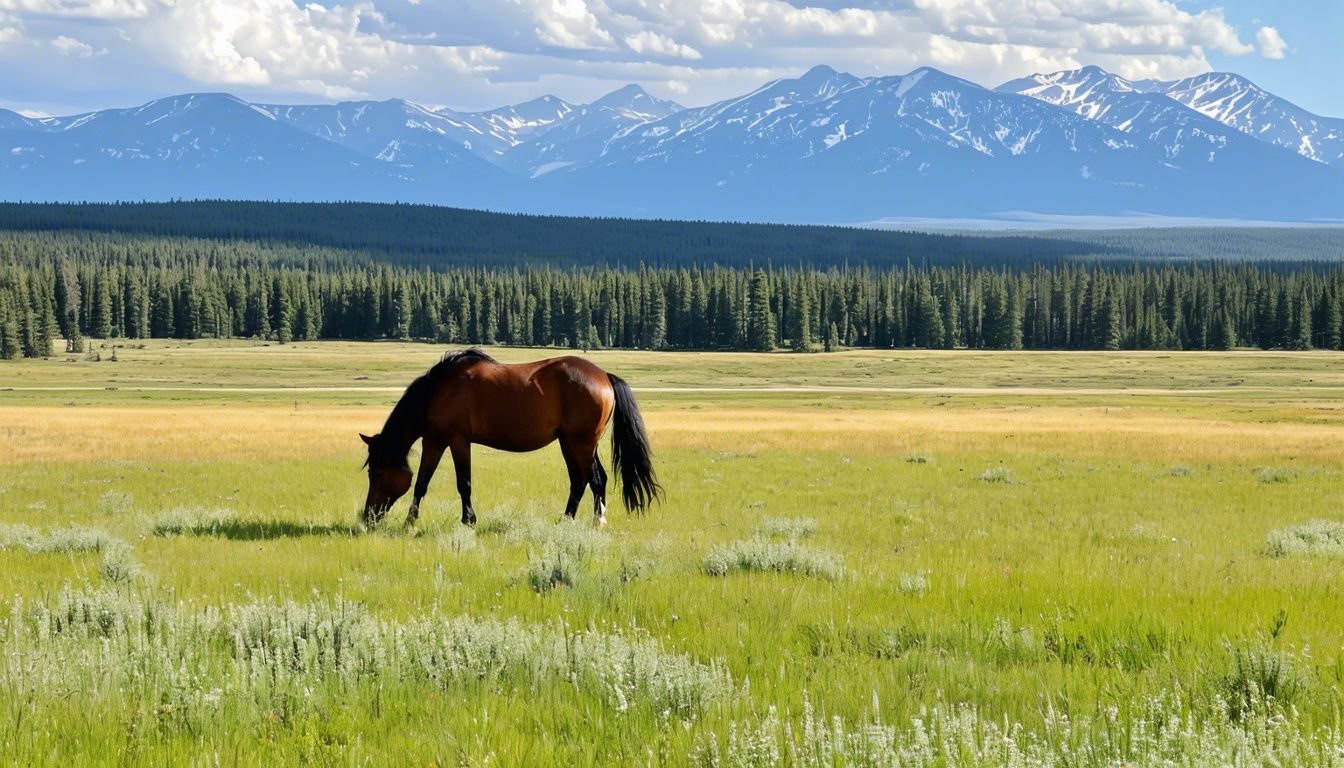 Things To Do In Centennial Wyoming - A wild horse grazing in a lush field at Deerwood Ranch Wild Horse Ecosanctuary in Centennial, Wyoming.