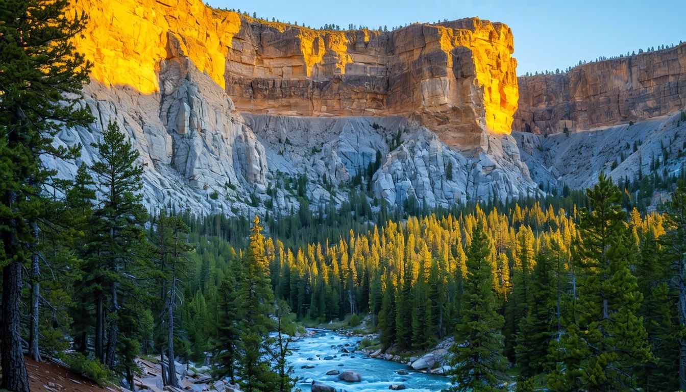 Things To Do In Ten Sleep Wyoming - A rugged rock formation in Bighorn National Forest, surrounded by pine trees and a clear stream.