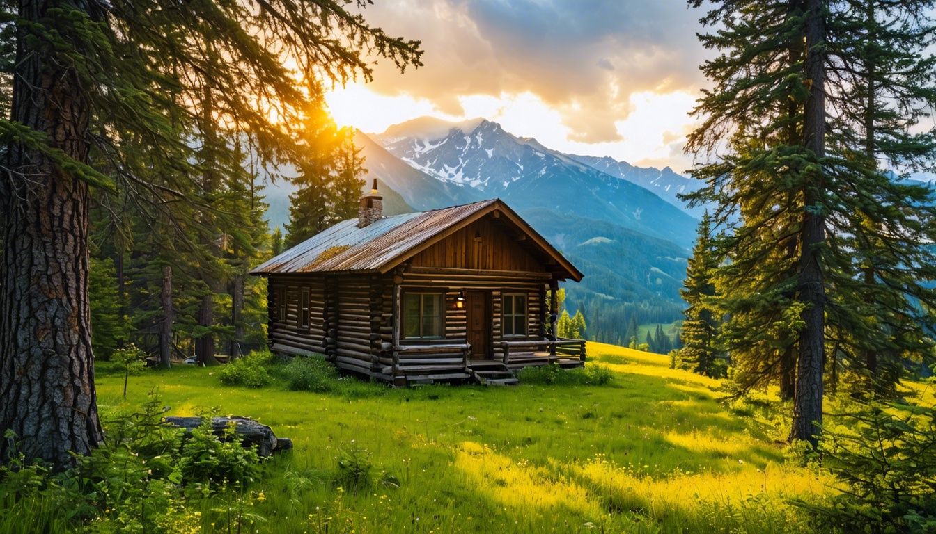 Things To Do In Sundance WY - A rustic wooden cabin nestled in lush greenery with a serene mountain backdrop.