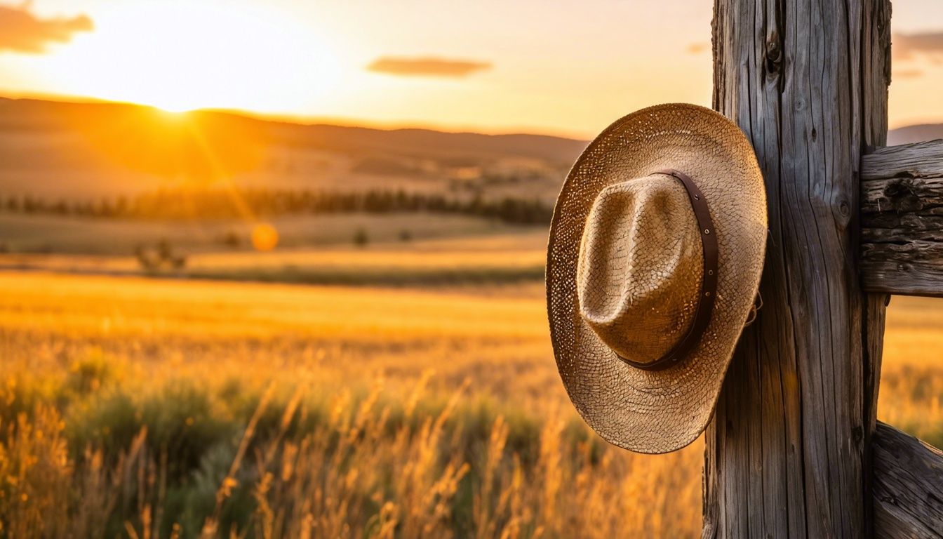 Things To Do In Sheridan WY - A rustic cowboy hat hangs on a weathered wooden fence post in the Western landscape at sunset.
