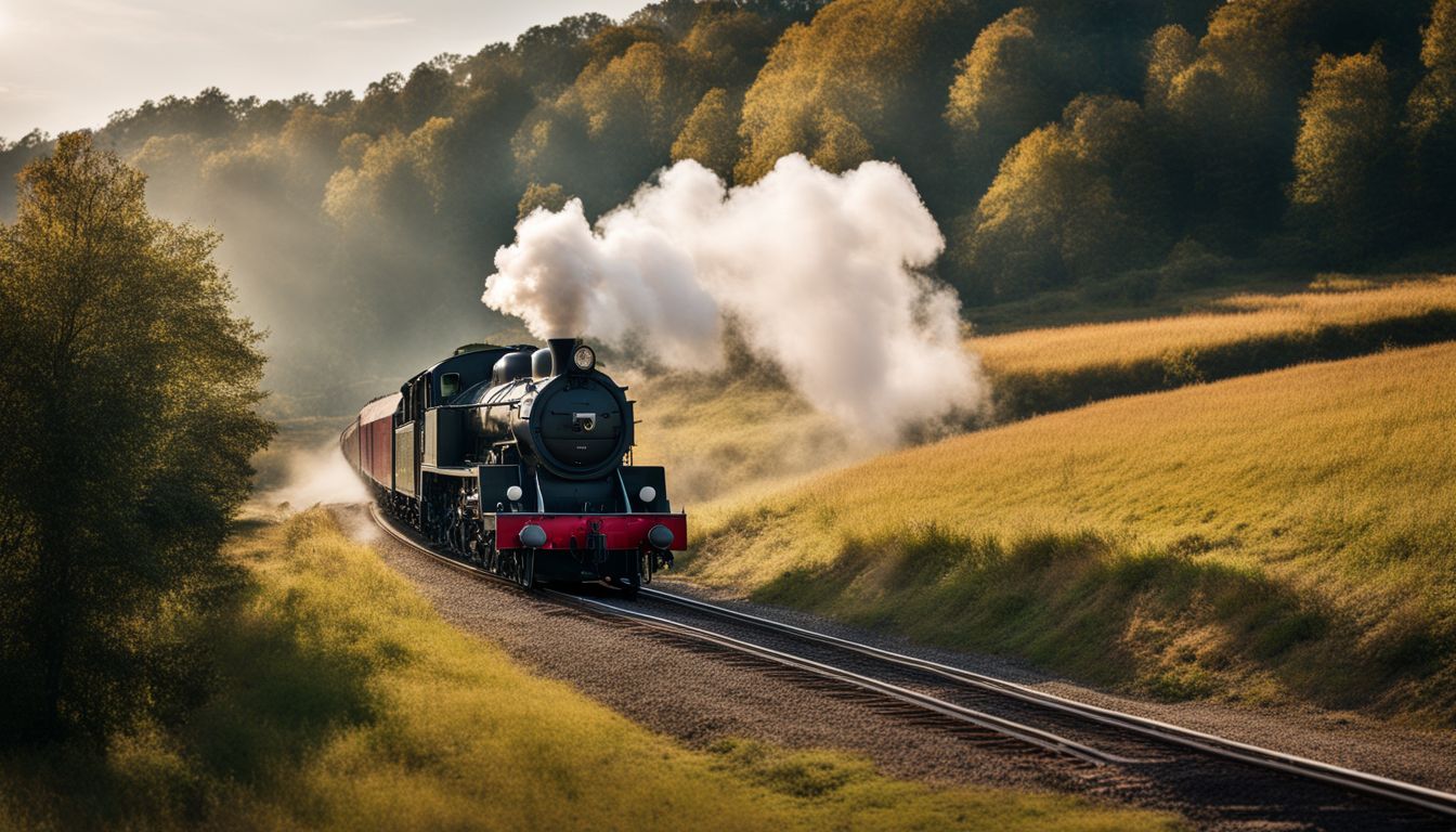 An old-fashioned steam train chugging through a bustling countryside, captured with crystal-clear detail.